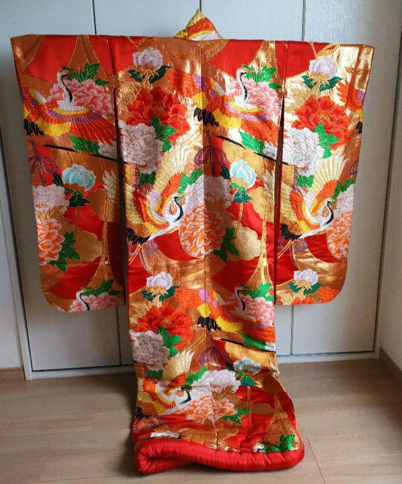 Silk Iro-Uchikake Wedding Kimono with Crane and Floral Embroidery in Red