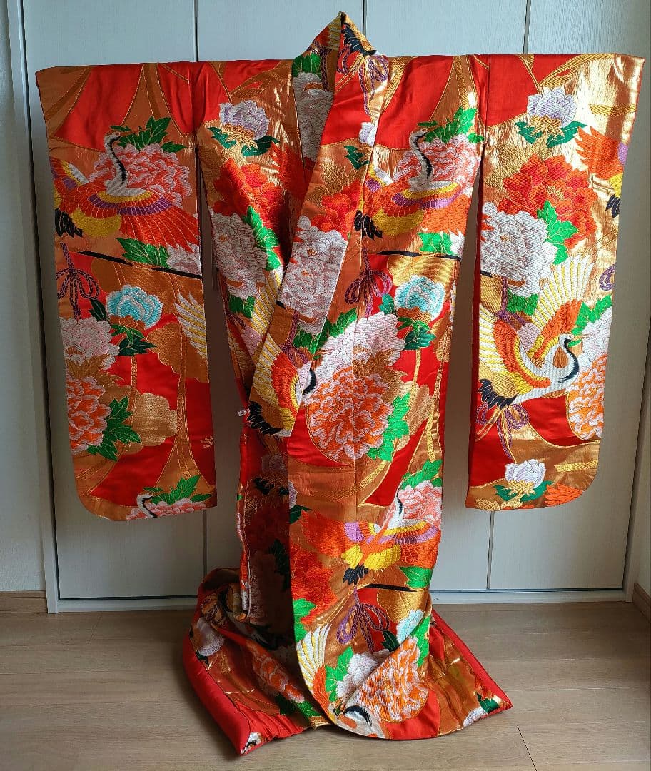 Silk Iro-Uchikake Wedding Kimono with Crane and Floral Embroidery in Red
