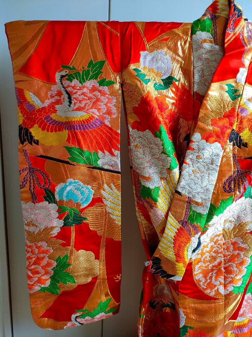 Silk Iro-Uchikake Wedding Kimono with Crane and Floral Embroidery in Red