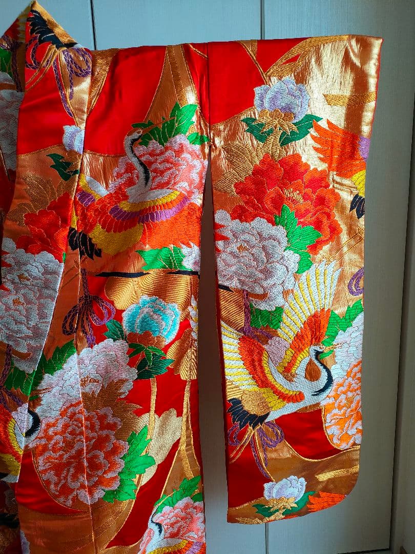 Silk Iro-Uchikake Wedding Kimono with Crane and Floral Embroidery in Red