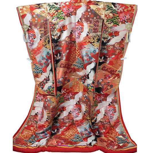 Uchikake Bridal Kimono, Crane Motif on Vermilion Red, Silk Wedding Robe