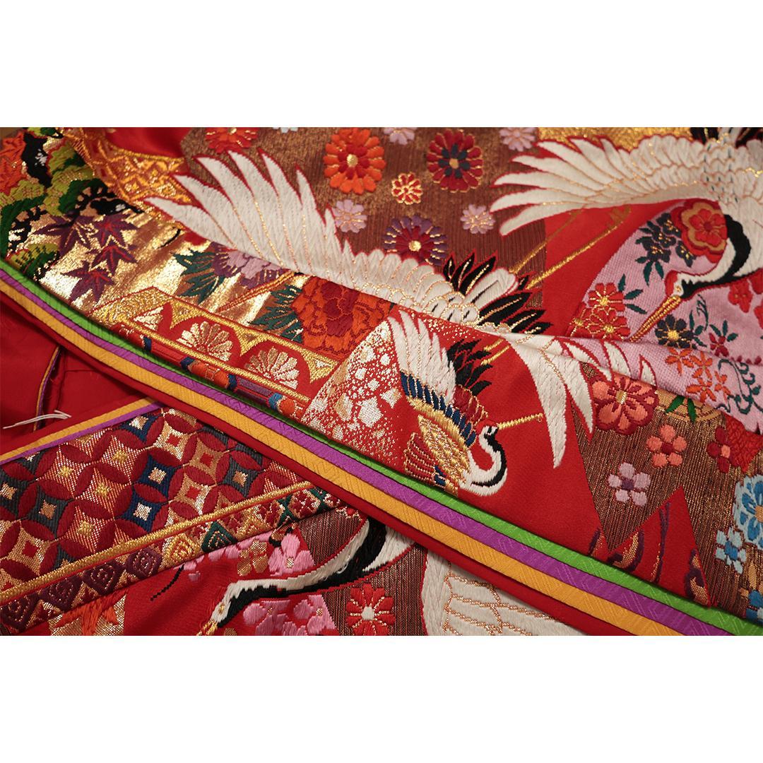 Uchikake Bridal Kimono, Crane Motif on Vermilion Red, Silk Wedding Robe