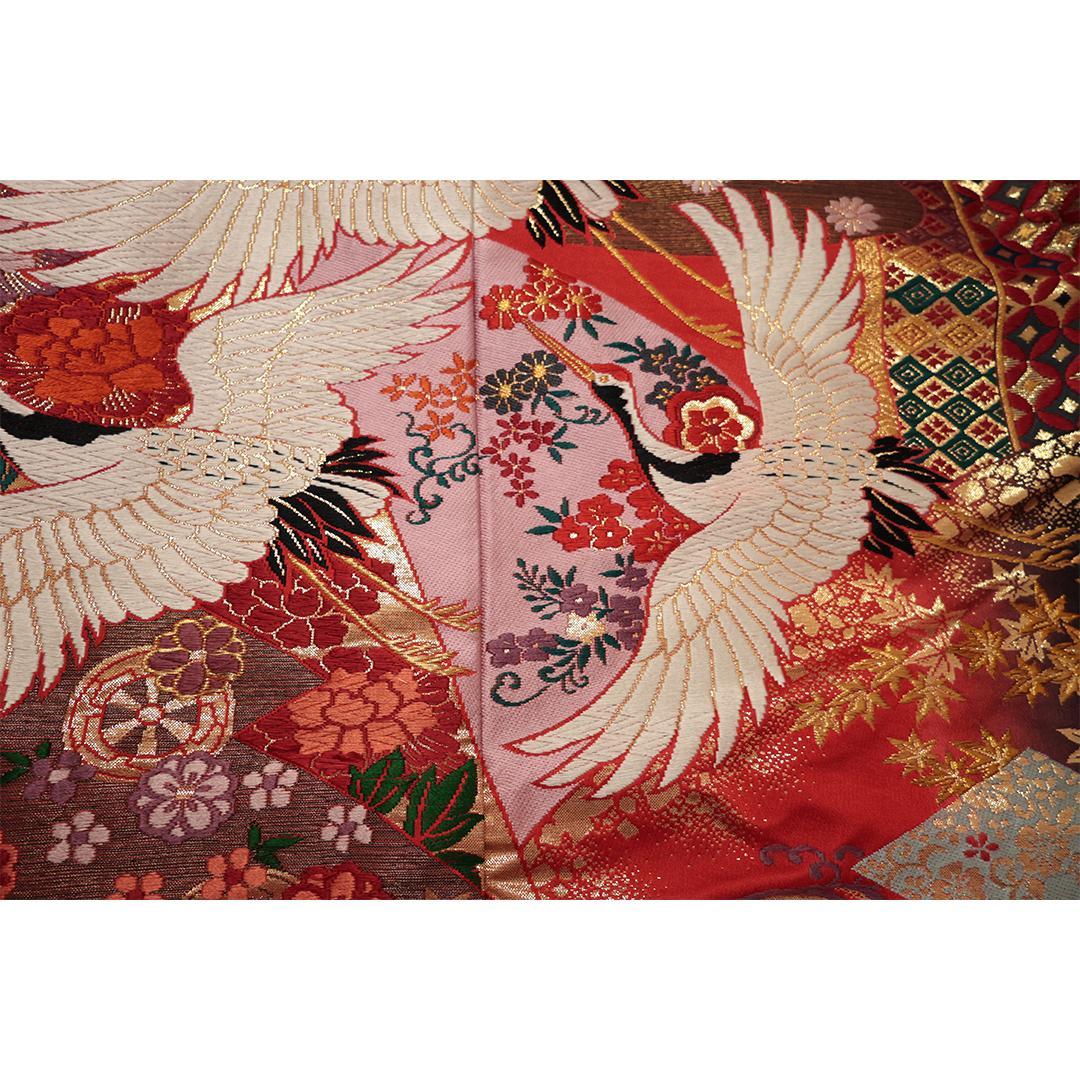 Uchikake Bridal Kimono, Crane Motif on Vermilion Red, Silk Wedding Robe