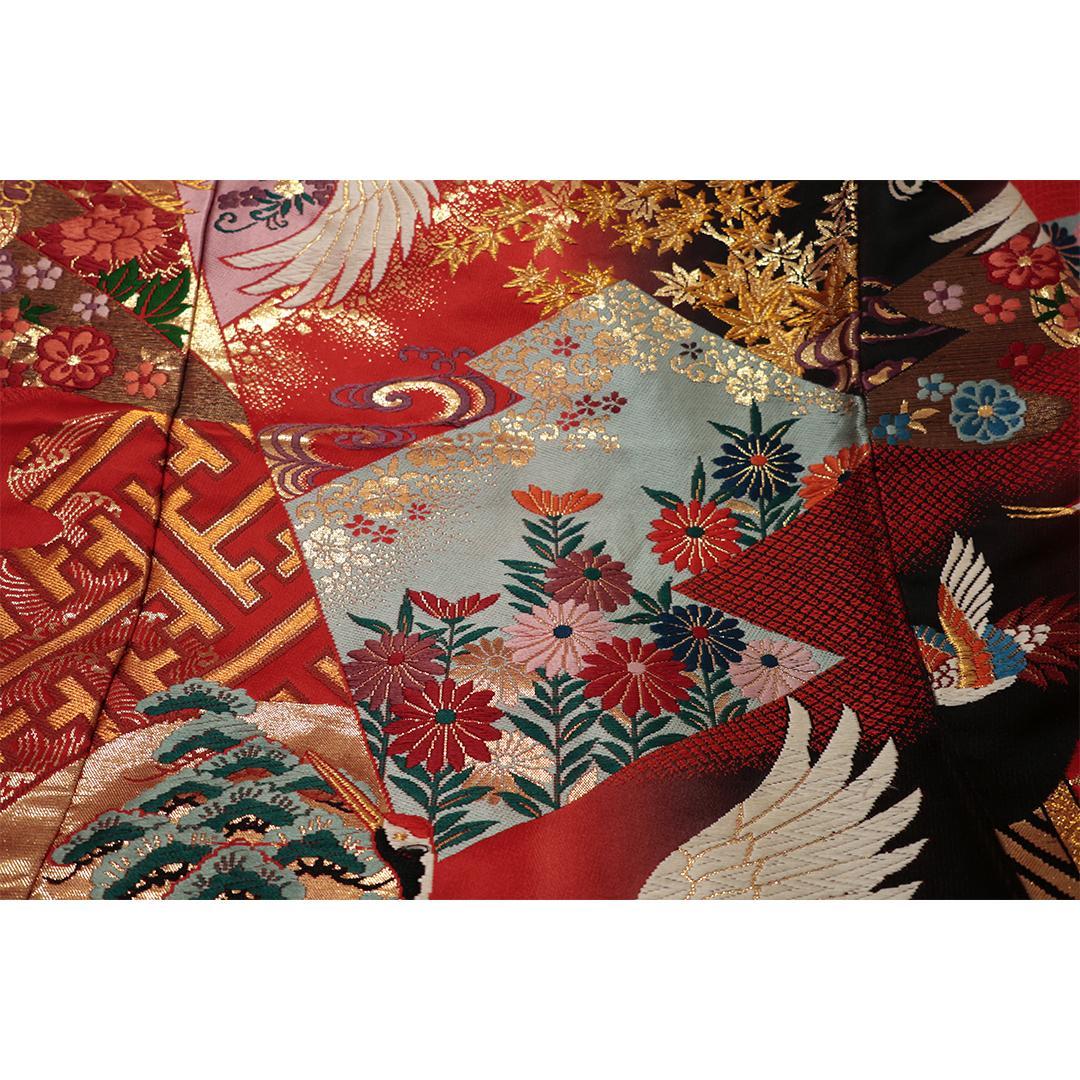 Uchikake Bridal Kimono, Crane Motif on Vermilion Red, Silk Wedding Robe