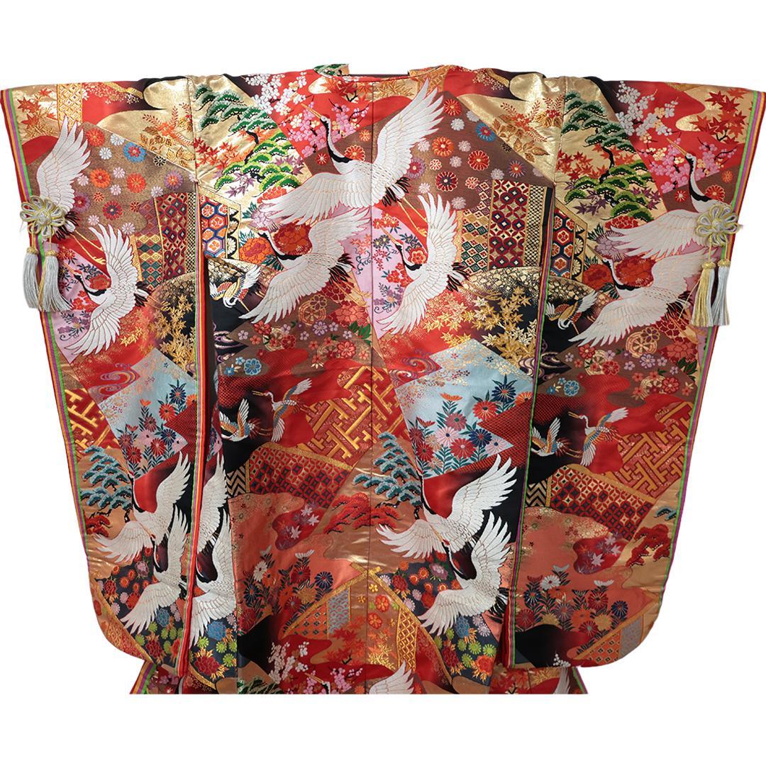 Uchikake Bridal Kimono, Crane Motif on Vermilion Red, Silk Wedding Robe