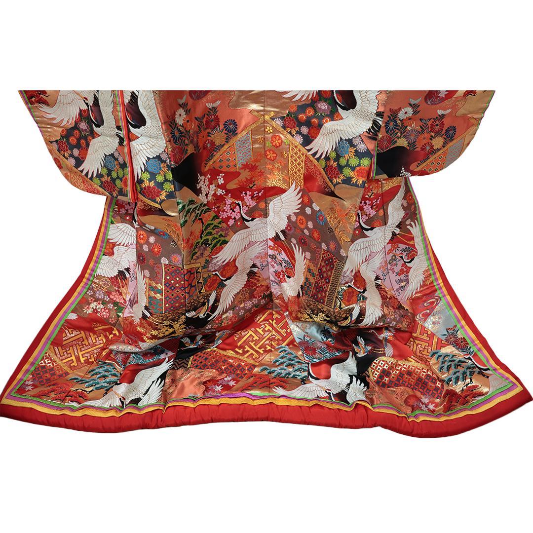 Uchikake Bridal Kimono, Crane Motif on Vermilion Red, Silk Wedding Robe