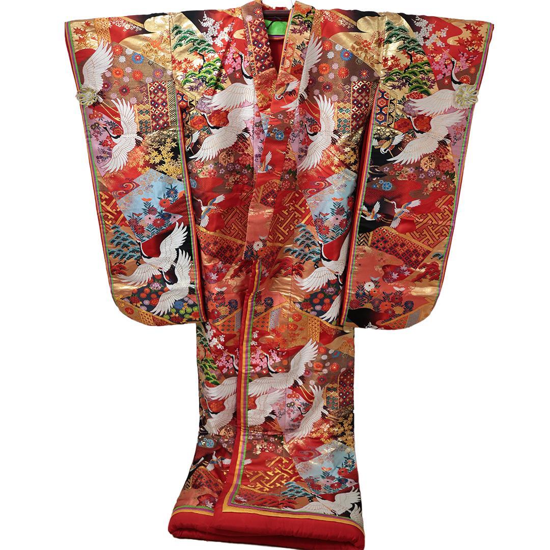Uchikake Bridal Kimono, Crane Motif on Vermilion Red, Silk Wedding Robe