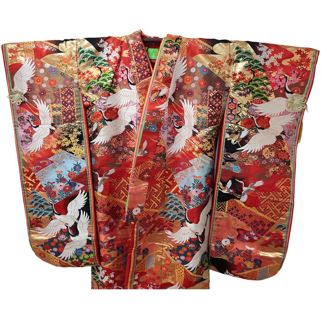 Uchikake Bridal Kimono, Crane Motif on Vermilion Red, Silk Wedding Robe