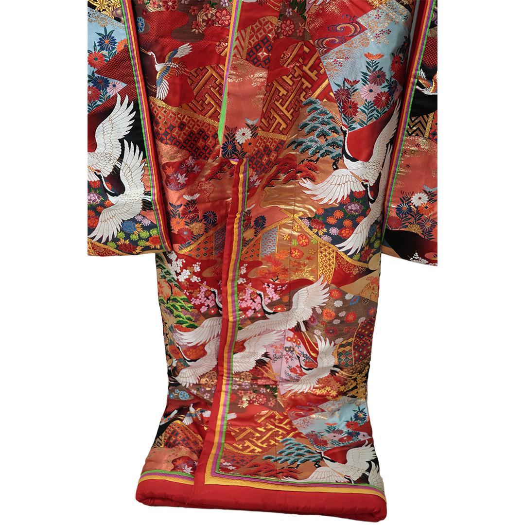 Uchikake Bridal Kimono, Crane Motif on Vermilion Red, Silk Wedding Robe