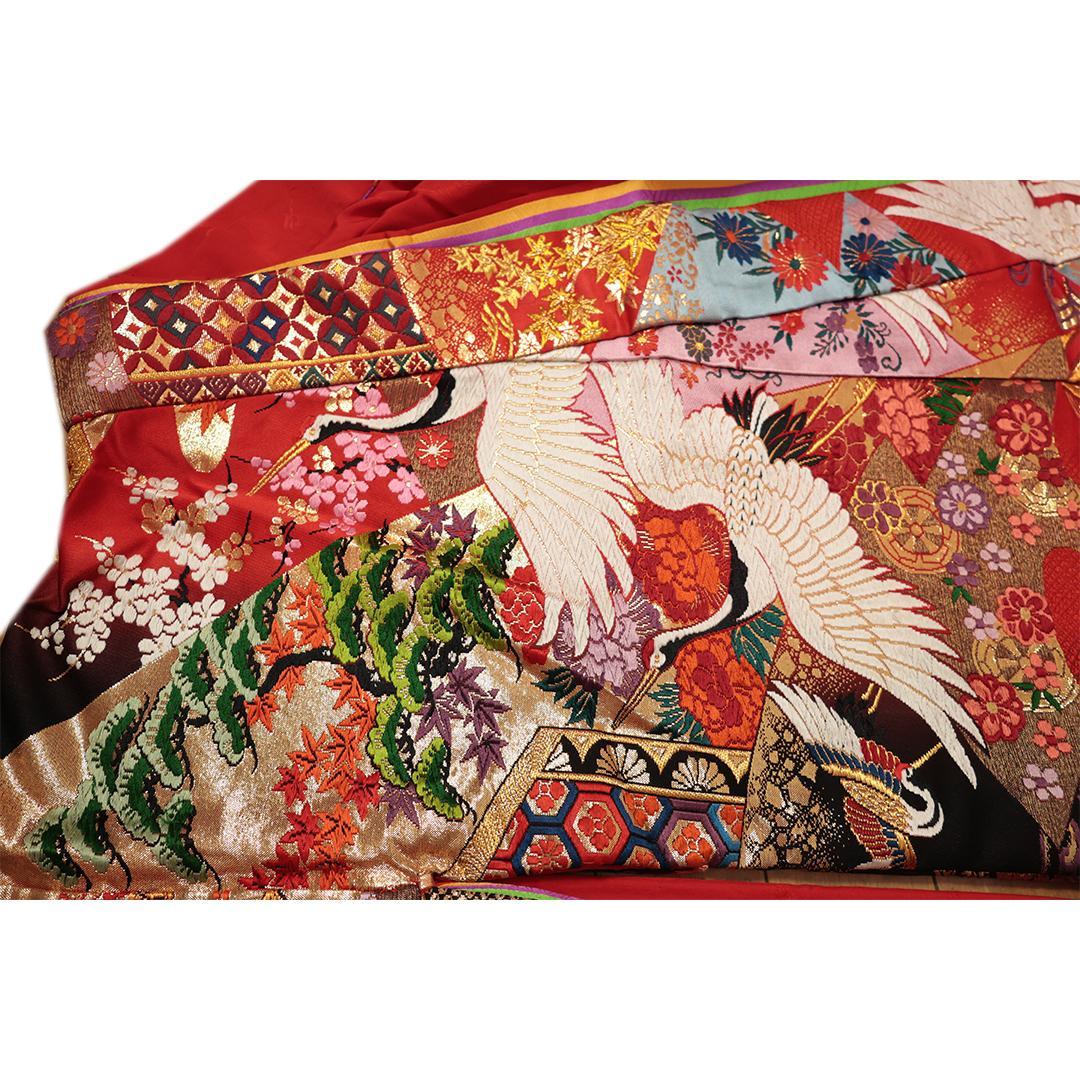 Uchikake Bridal Kimono, Crane Motif on Vermilion Red, Silk Wedding Robe