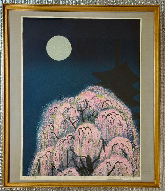 Waichi Hayashi Yozakura Night Cherry Blossom Woodblock Print 1980 Signed Artist Proof Framed 62.5 x 52.5 cm