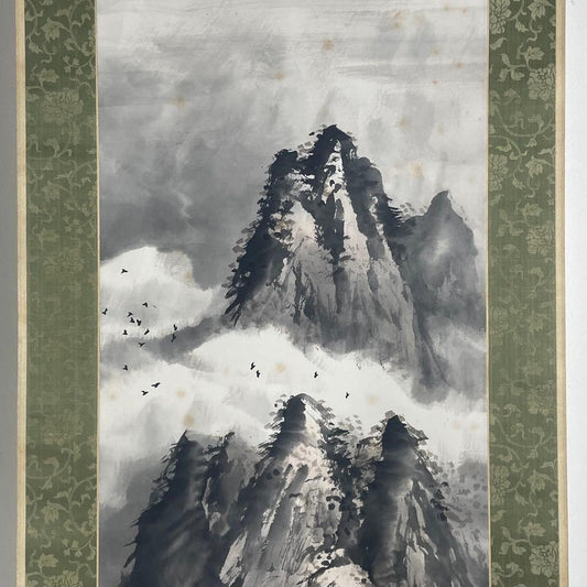Hida Shuzan Sumi-e Landscape Hanging Scroll Mountains White Clouds w/ Box