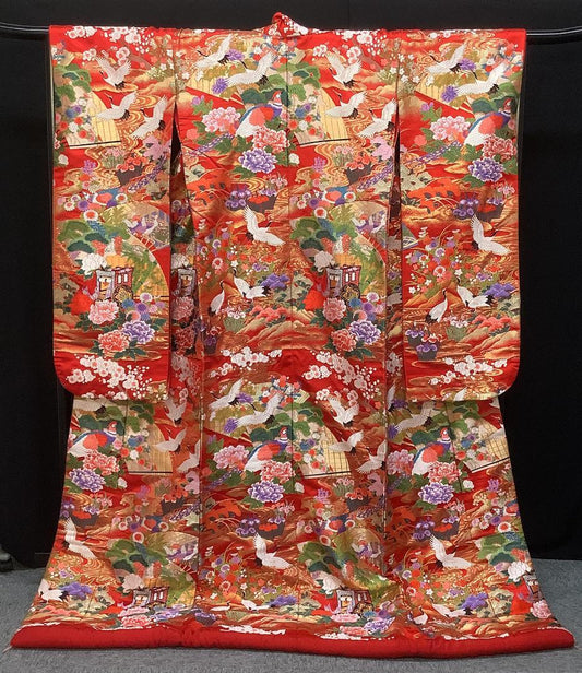 Silk Uchikake Wedding Robe Woven, Red Ground with Gold Fans, Cranes, Gosho-guruma