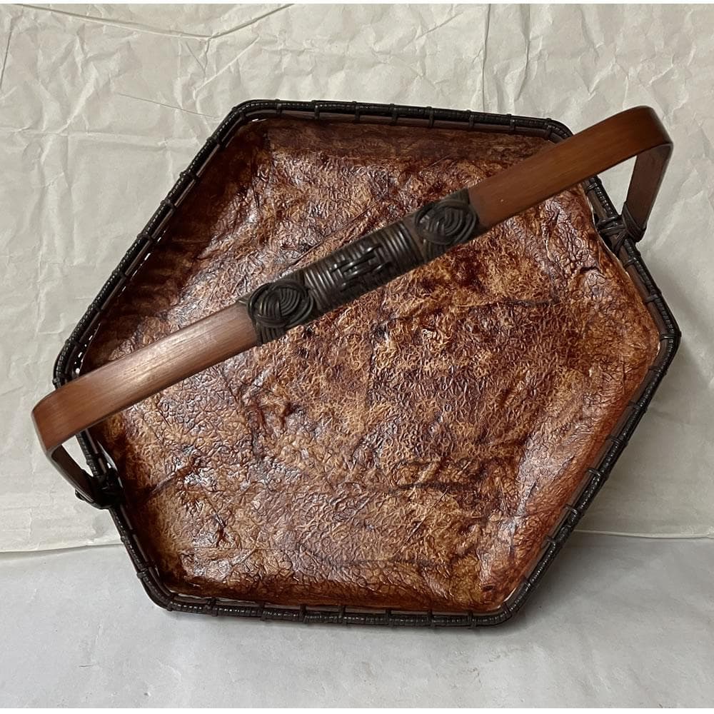 Ando Chikuryosai Hexagonal Handled Bamboo Basket with Narumi Chosuke Oribe Plate