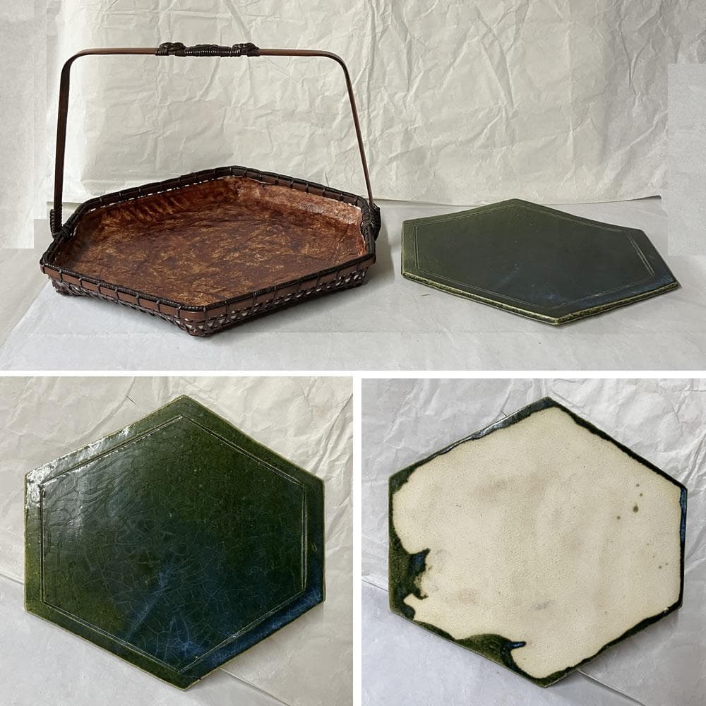 Ando Chikuryosai Hexagonal Handled Bamboo Basket with Narumi Chosuke Oribe Plate
