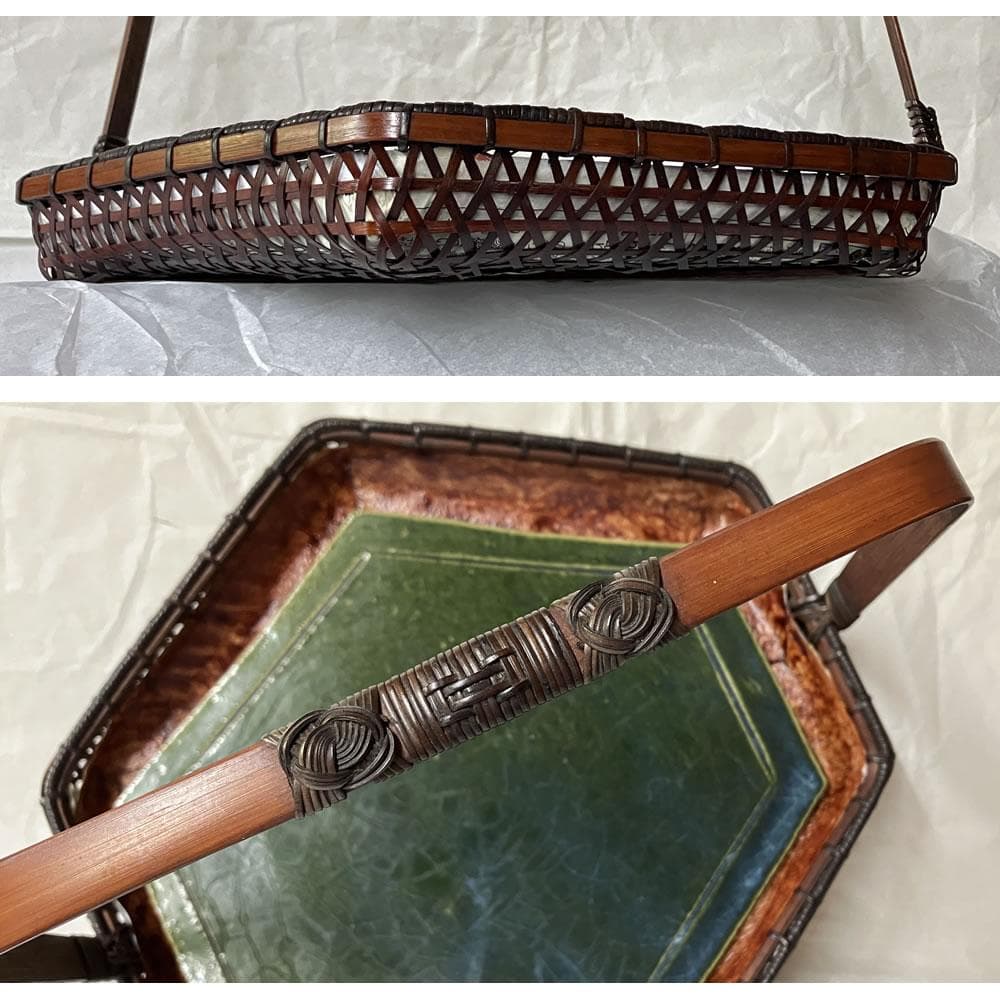Ando Chikuryosai Hexagonal Handled Bamboo Basket with Narumi Chosuke Oribe Plate