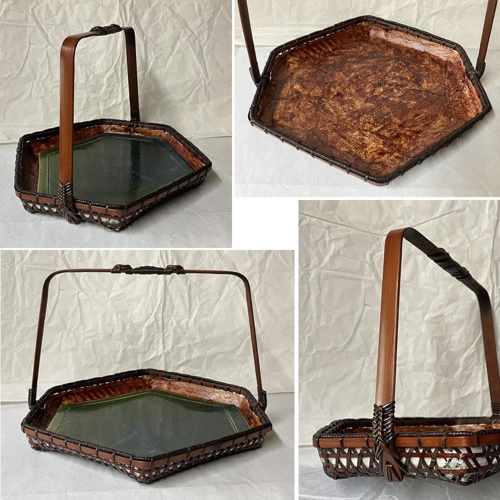 Ando Chikuryosai Hexagonal Handled Bamboo Basket with Narumi Chosuke Oribe Plate
