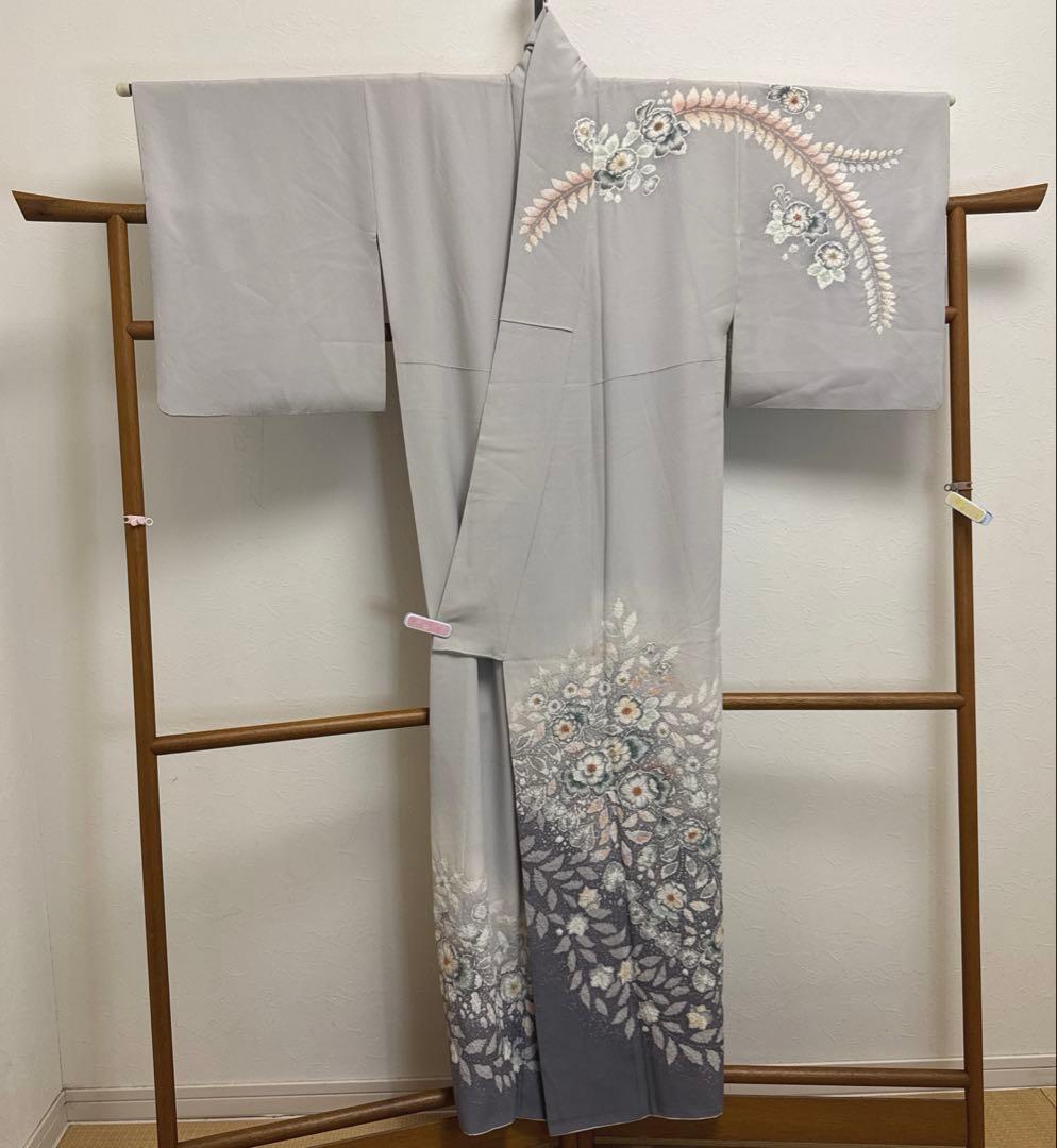 Artist Silk Houmongi Kimono Tsujigahana Shibori Hand-Painted Awase Gray Signed