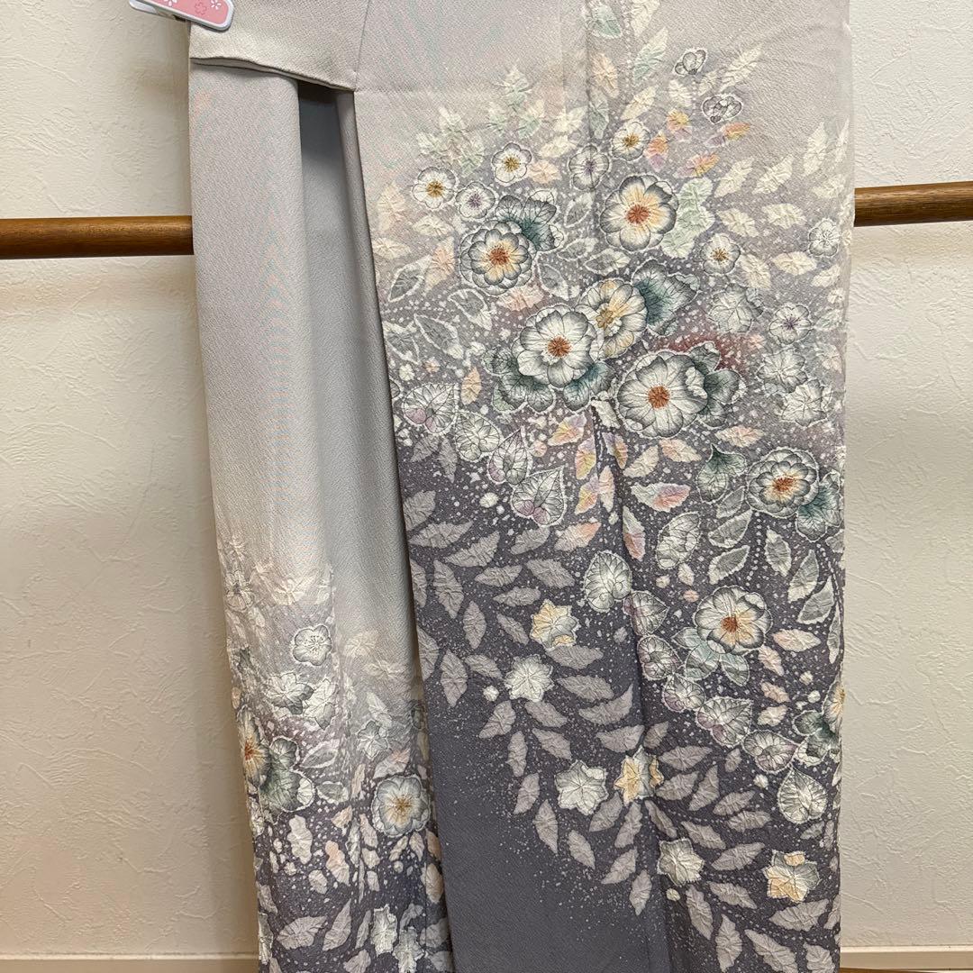 Artist Silk Houmongi Kimono Tsujigahana Shibori Hand-Painted Awase Gray Signed
