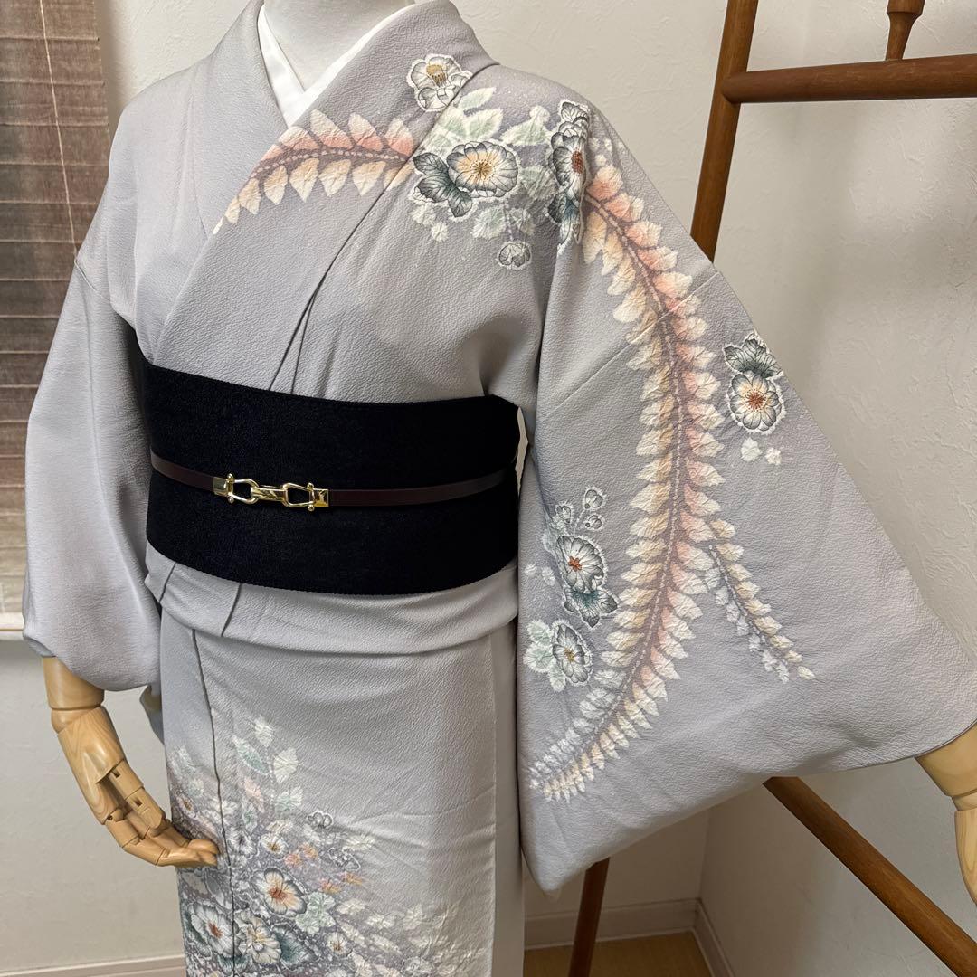 Artist Silk Houmongi Kimono Tsujigahana Shibori Hand-Painted Awase Gray Signed