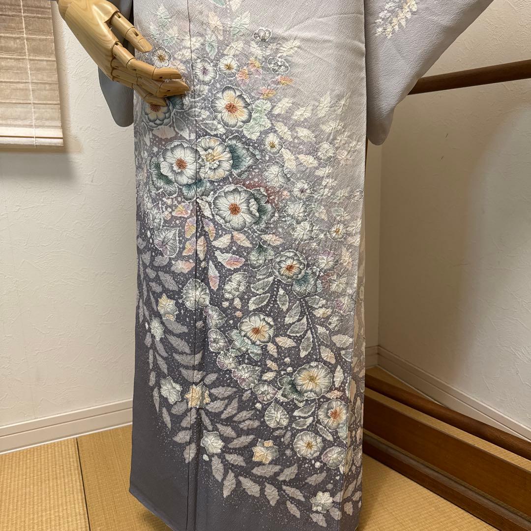 Artist Silk Houmongi Kimono Tsujigahana Shibori Hand-Painted Awase Gray Signed