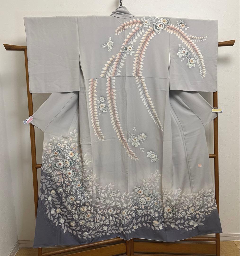Artist Silk Houmongi Kimono Tsujigahana Shibori Hand-Painted Awase Gray Signed