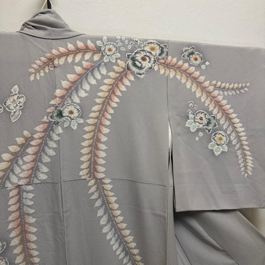 Artist Silk Houmongi Kimono Tsujigahana Shibori Hand-Painted Awase Gray Signed