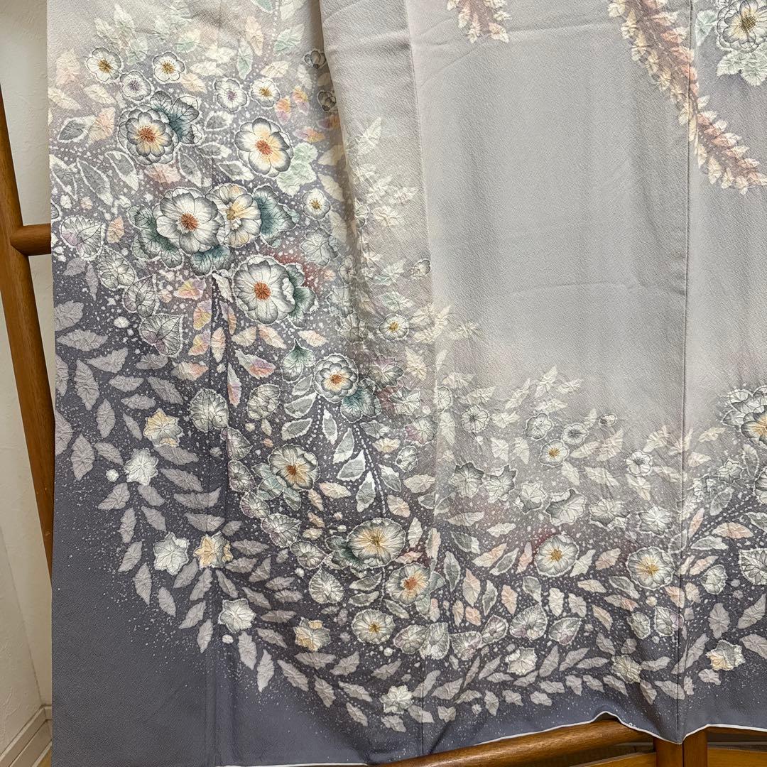 Artist Silk Houmongi Kimono Tsujigahana Shibori Hand-Painted Awase Gray Signed
