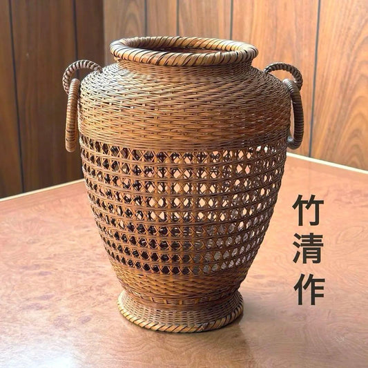 Chikusei Watanabe Bamboo Flower Basket Kago with Ceramic Insert Vase