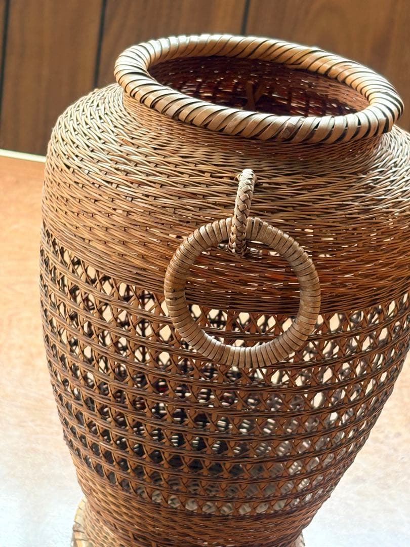 Chikusei Watanabe Bamboo Flower Basket Kago with Ceramic Insert Vase