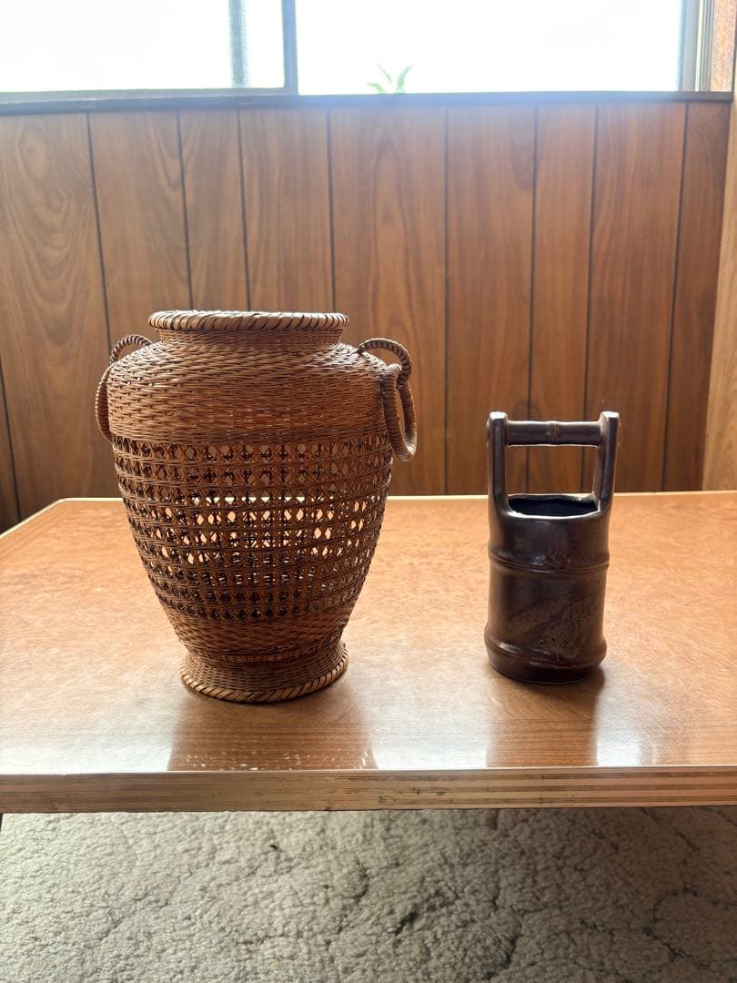Chikusei Watanabe Bamboo Flower Basket Kago with Ceramic Insert Vase