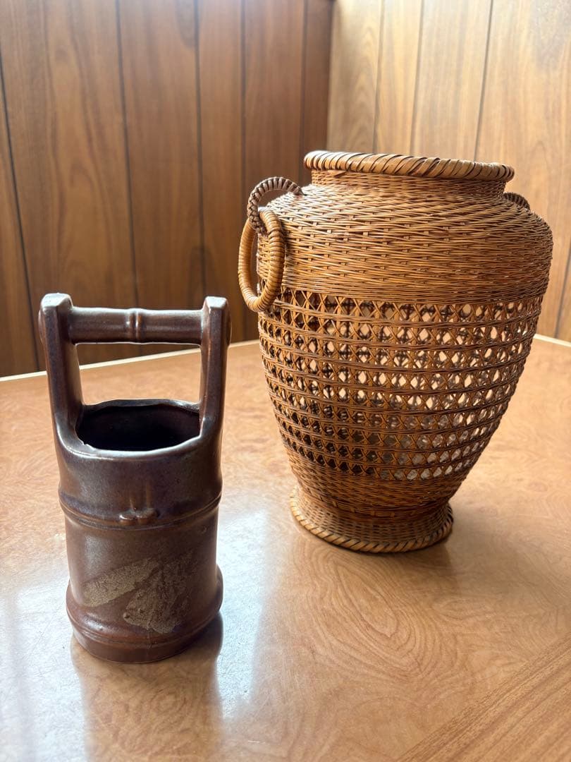 Chikusei Watanabe Bamboo Flower Basket Kago with Ceramic Insert Vase