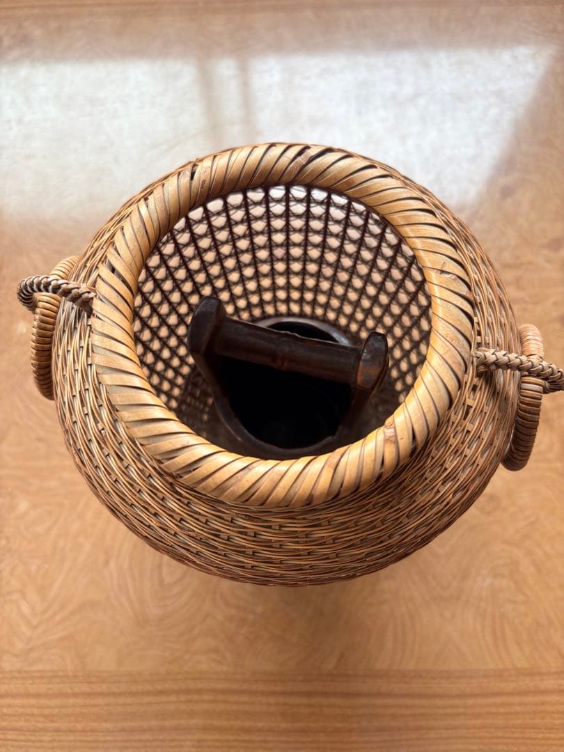 Chikusei Watanabe Bamboo Flower Basket Kago with Ceramic Insert Vase