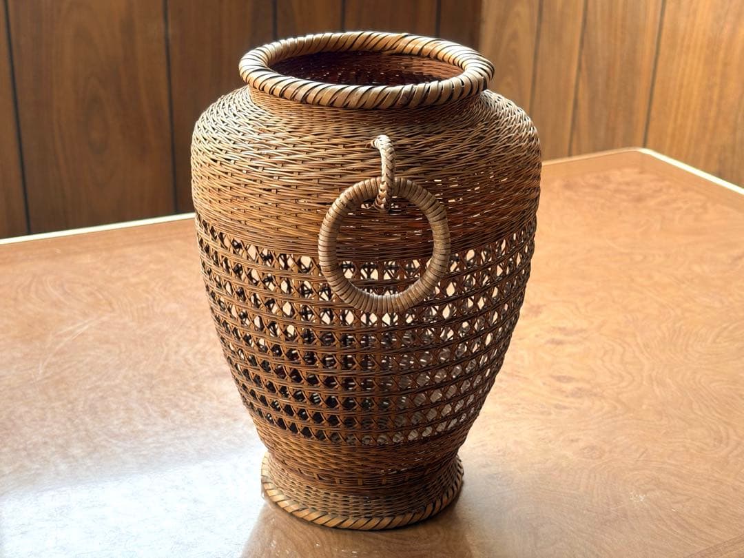 Chikusei Watanabe Bamboo Flower Basket Kago with Ceramic Insert Vase