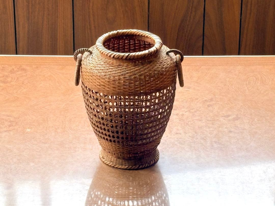 Chikusei Watanabe Bamboo Flower Basket Kago with Ceramic Insert Vase