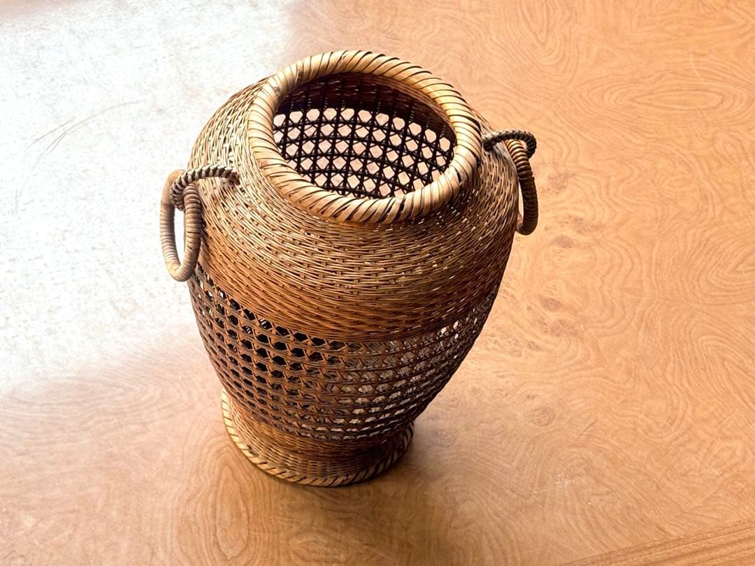 Chikusei Watanabe Bamboo Flower Basket Kago with Ceramic Insert Vase