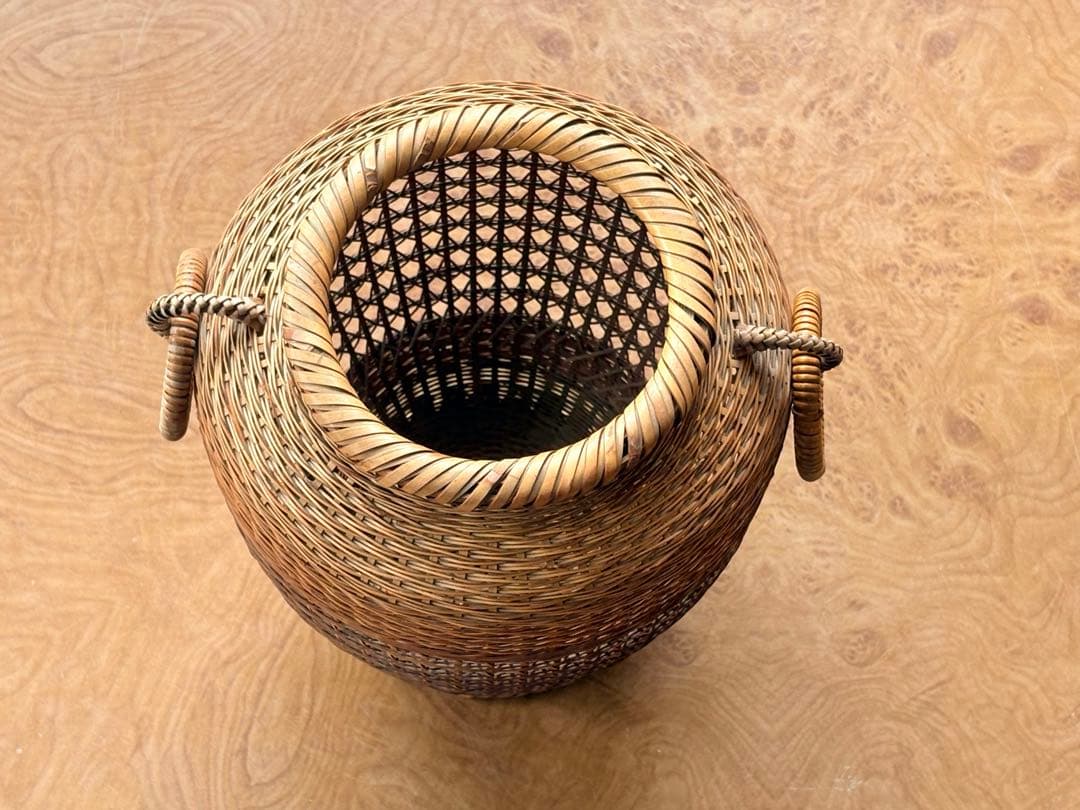 Chikusei Watanabe Bamboo Flower Basket Kago with Ceramic Insert Vase