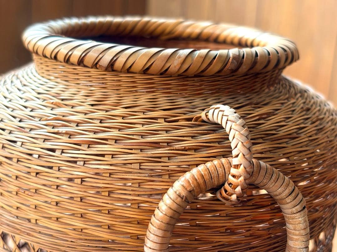 Chikusei Watanabe Bamboo Flower Basket Kago with Ceramic Insert Vase