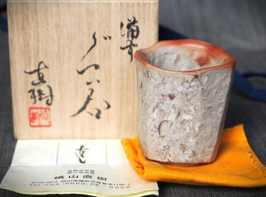 Bizen Ware Guinomi Sake Cup by Naoki Yokoyama, Natural Neri-komi, Signed Box