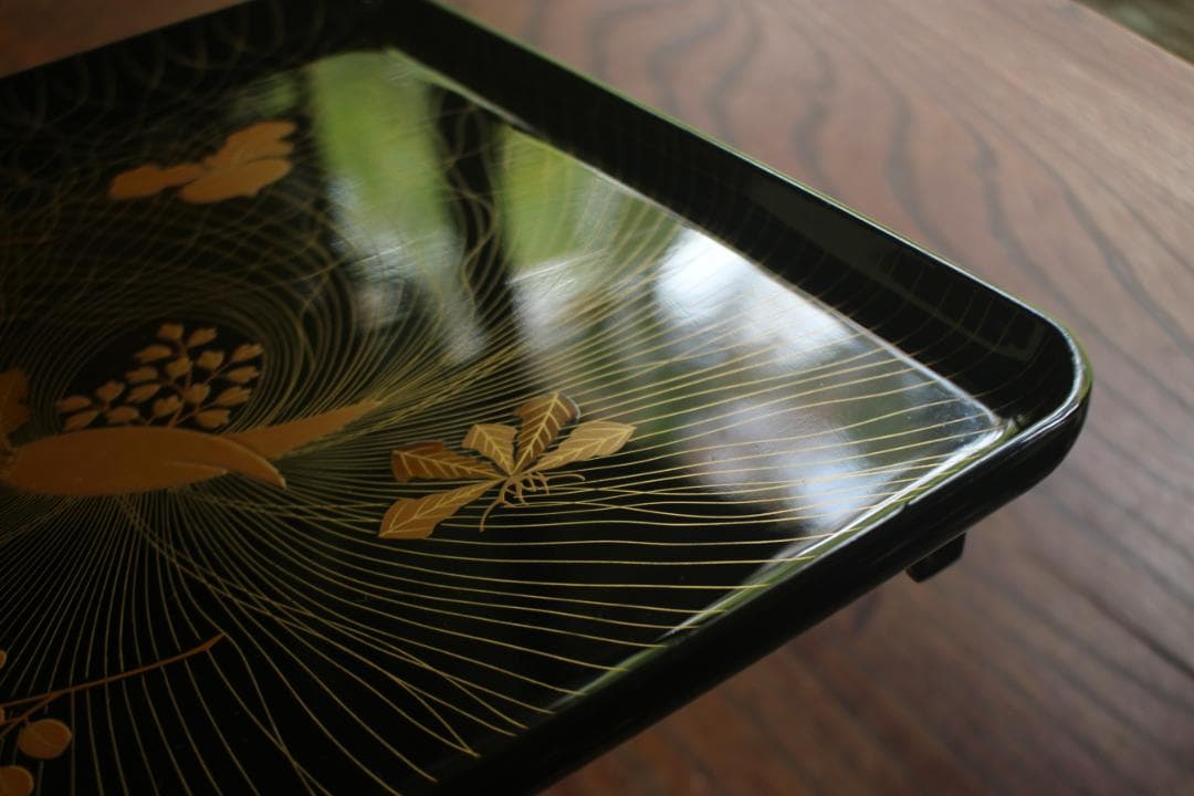 Wajima Lacquer Footed Square Tray Black Urushi Spring Grass Maki-e Width 27.3 cm