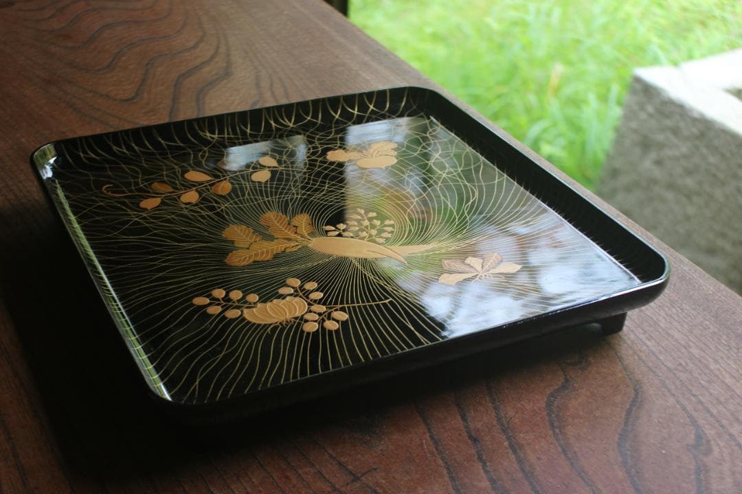 Wajima Lacquer Footed Square Tray Black Urushi Spring Grass Maki-e Width 27.3 cm