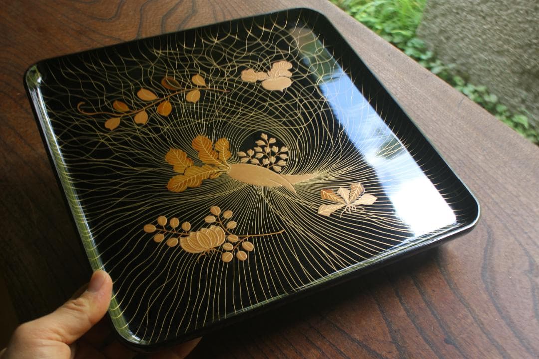 Wajima Lacquer Footed Square Tray Black Urushi Spring Grass Maki-e Width 27.3 cm