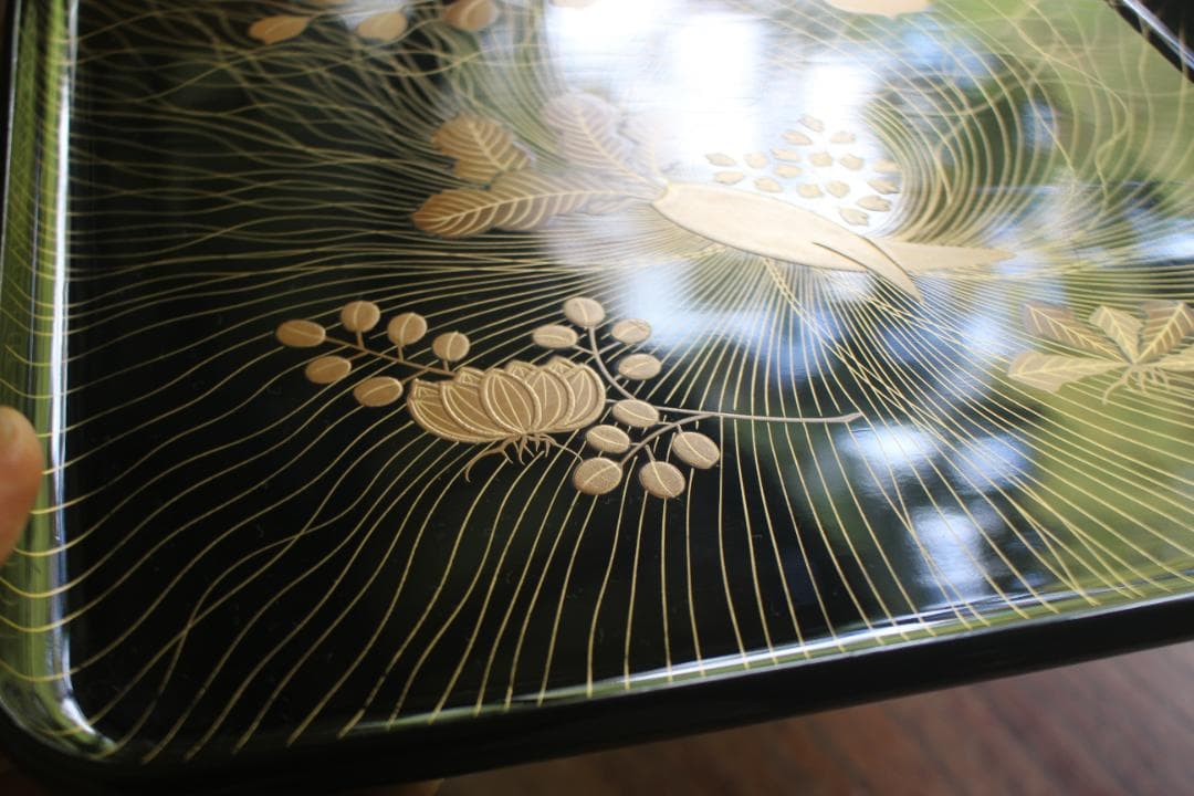 Wajima Lacquer Footed Square Tray Black Urushi Spring Grass Maki-e Width 27.3 cm