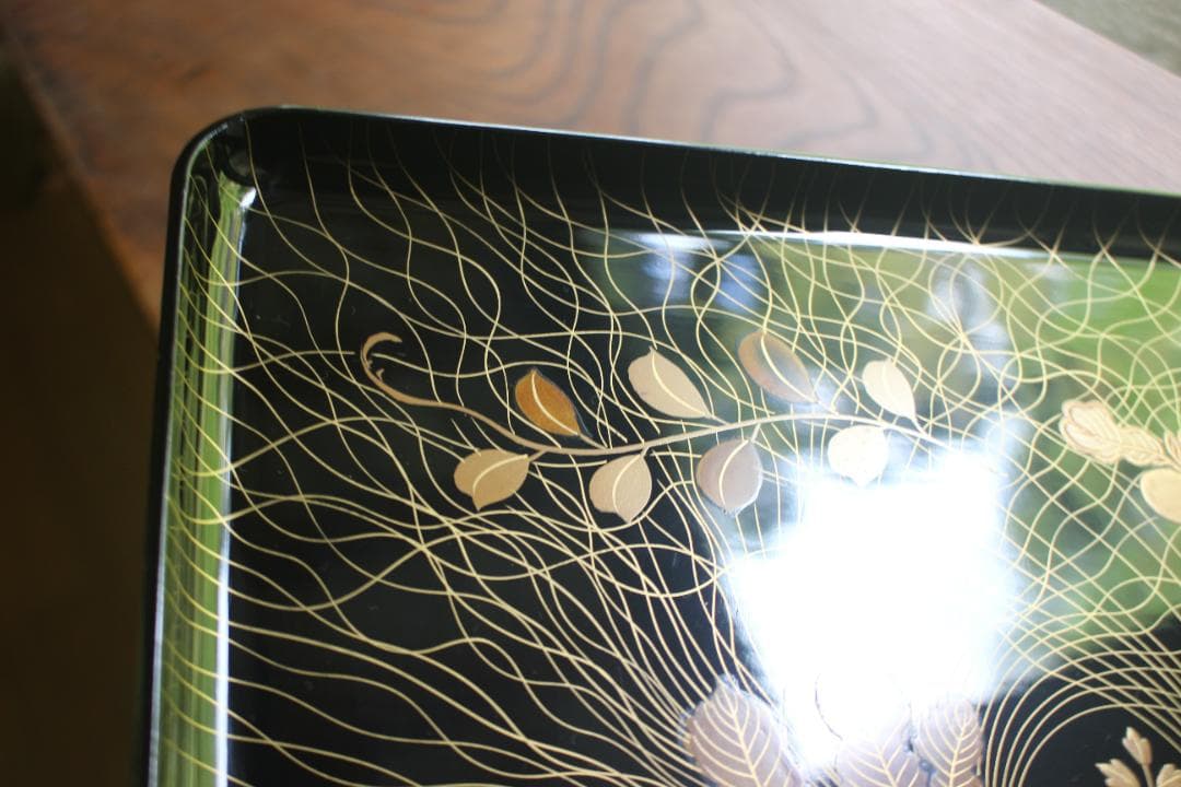 Wajima Lacquer Footed Square Tray Black Urushi Spring Grass Maki-e Width 27.3 cm