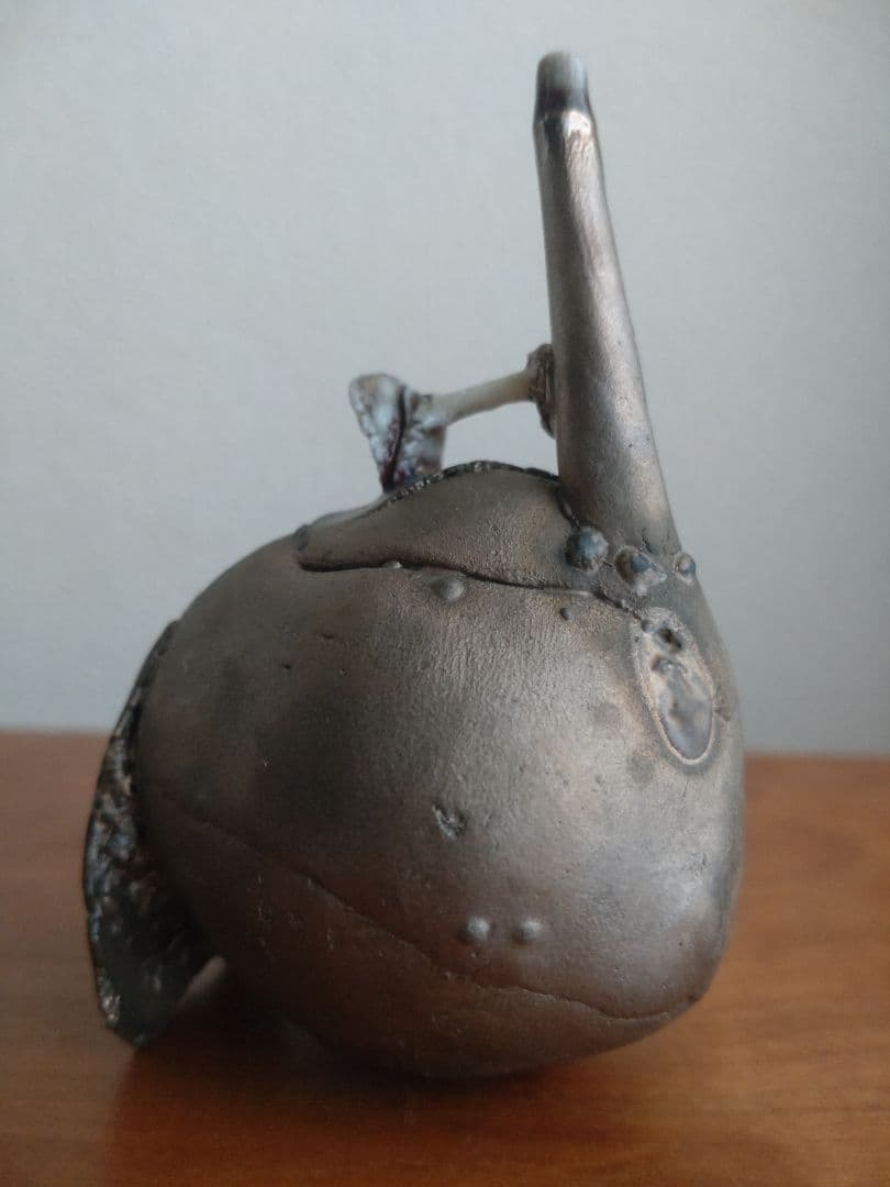Kentaro Kawabata Silver-Glaze Avant-Garde Ceramic Objet, Hand-Built Porcelain with Glass