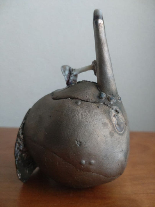 Kentaro Kawabata Silver-Glaze Avant-Garde Ceramic Objet, Hand-Built Porcelain with Glass