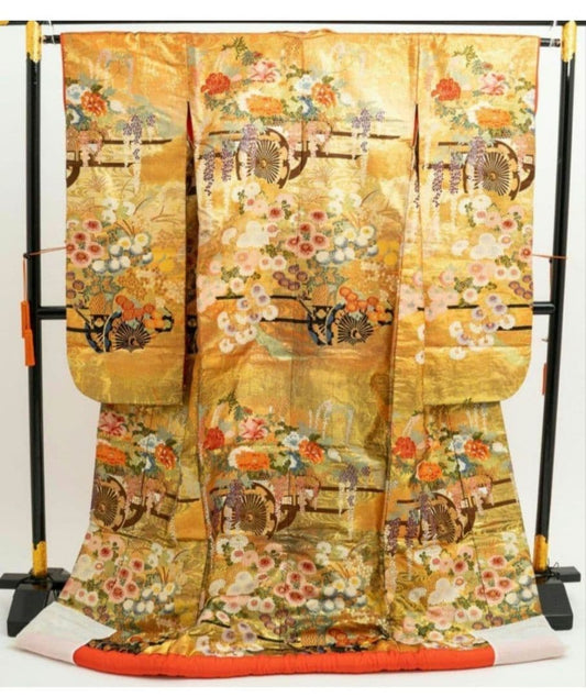 Iro-Uchikake Bridal Kimono Silk Gold Thread Embroidery Hanaguruma Peony Chrysanthemum