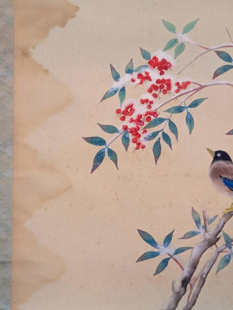 Japanese Hanging Scroll Winter Bird and Flower Painting with Red Berries