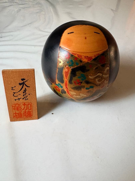 Sosaku Kokeshi Egg-Shaped Wooden Doll with Floral Design by Kato Tatsuo