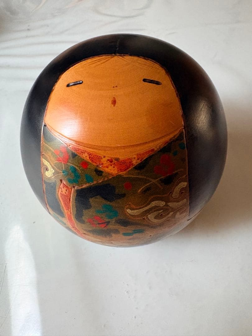 Sosaku Kokeshi Egg-Shaped Wooden Doll with Floral Design by Kato Tatsuo